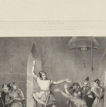 jan van schaffelaar spreekt zijn mannen toe voordat hij van de kerktoren in barneveld springt, 1482.