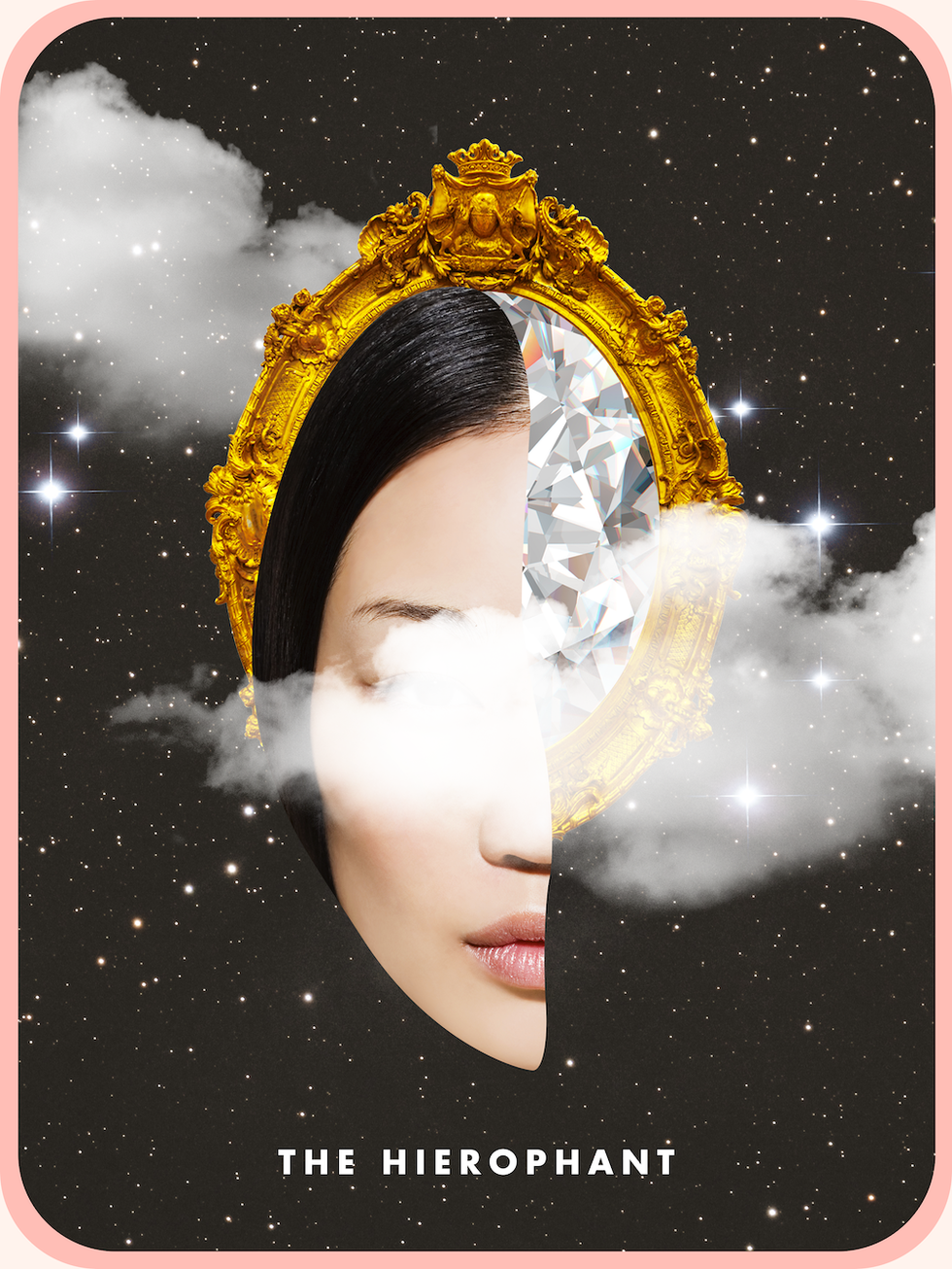 the tarot card the hierophant, showing half of a woman's face next to a diamond