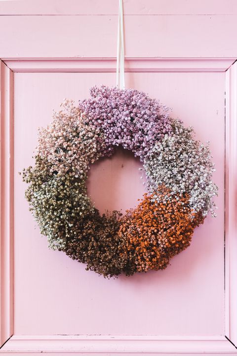 baby's breath wreath in colors including purple, green, pink and white