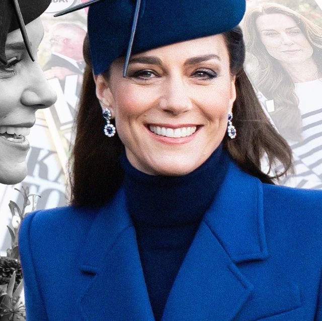 three images of kate middleton with newspapers in the background