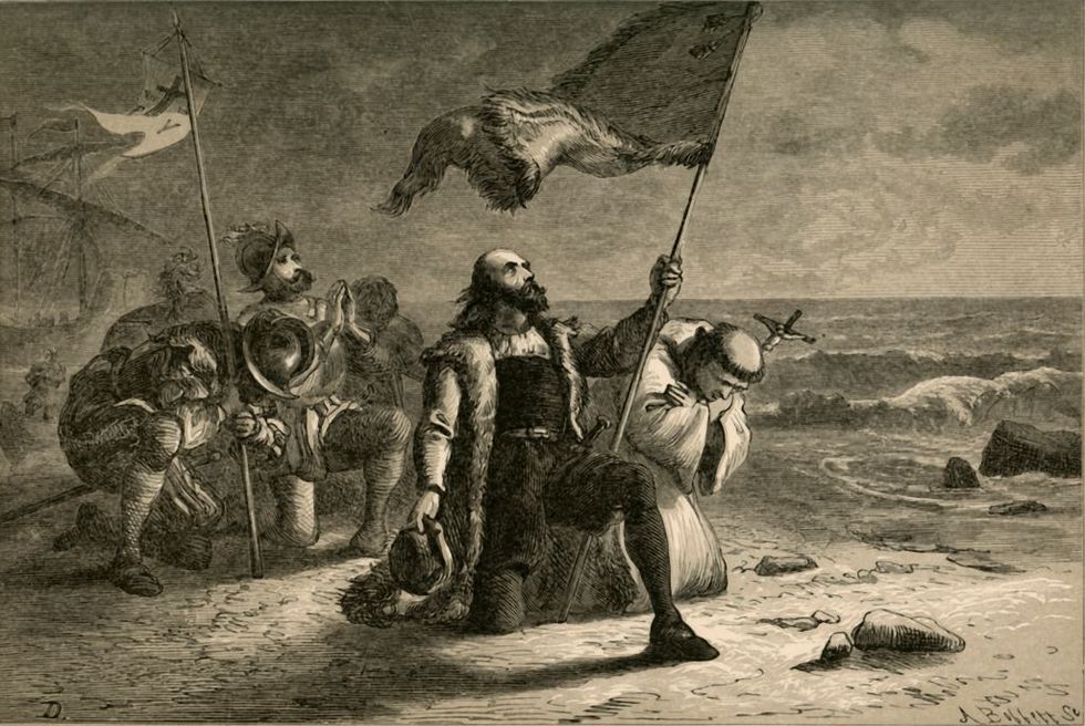 a drawing showing christopher columbus on one knee and planting a flag after landing on an island