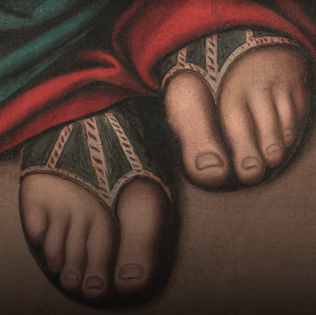 an image of jesus's feet in a restored version of leonardo da vinci's "the last supper"