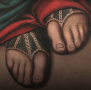 an image of jesus's feet in a restored version of leonardo da vinci's "the last supper"