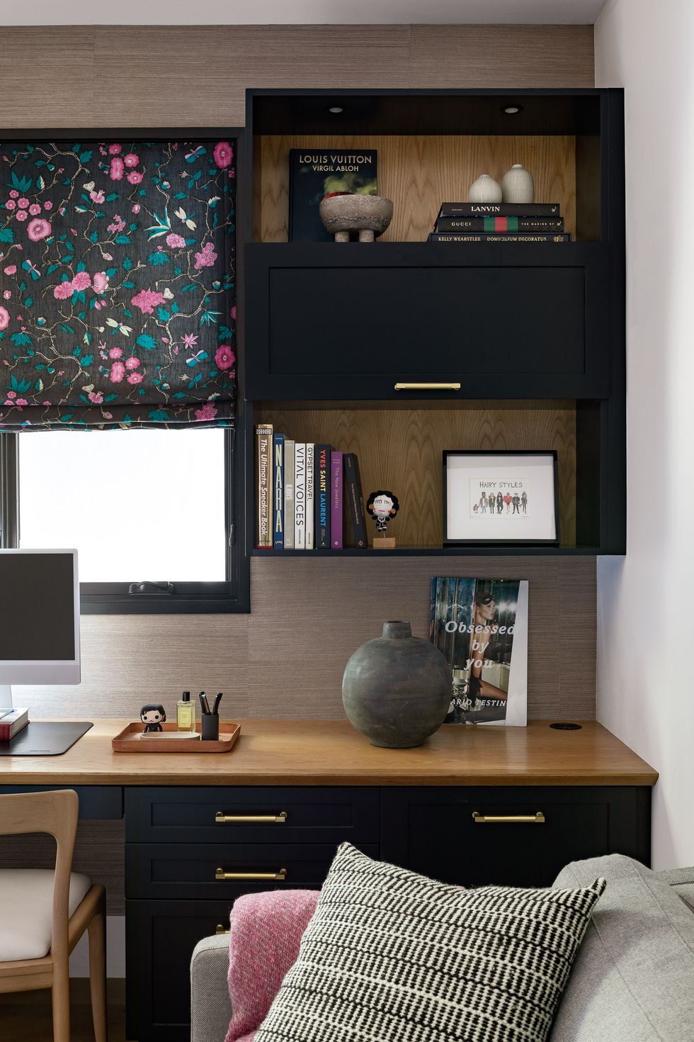 home office grasscloth wallpaper and dark desk
