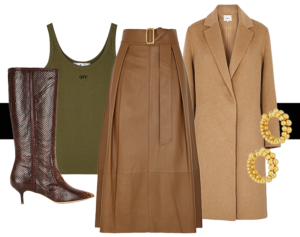 brown leather skirt, khaki tank top, camel coat, snakeskin boots and gold hoop earrings