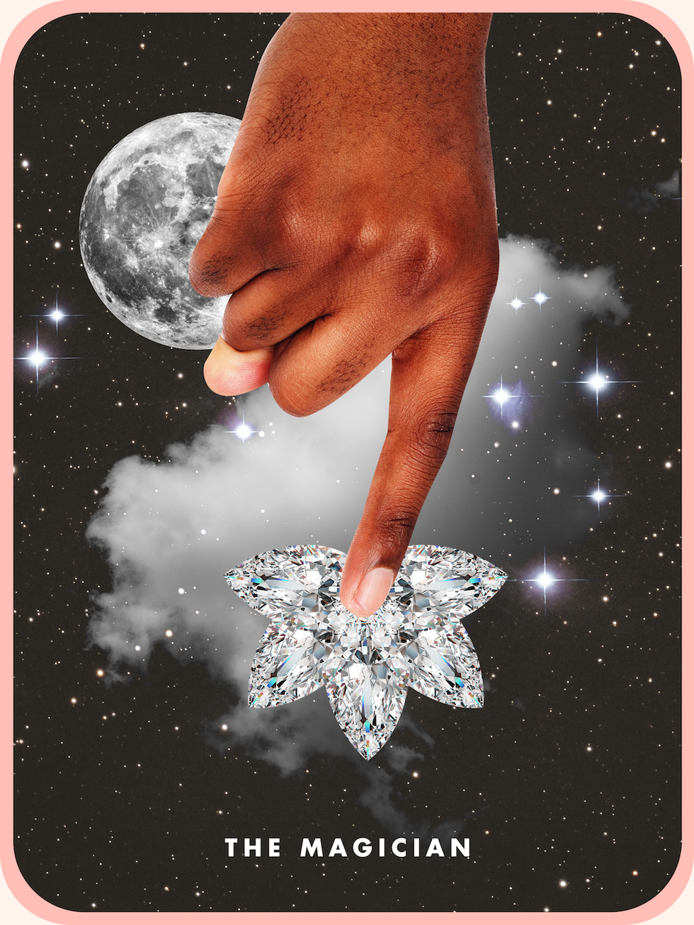 the tarot card the magician, showing a hand reaching down to touch a star shaped diamond