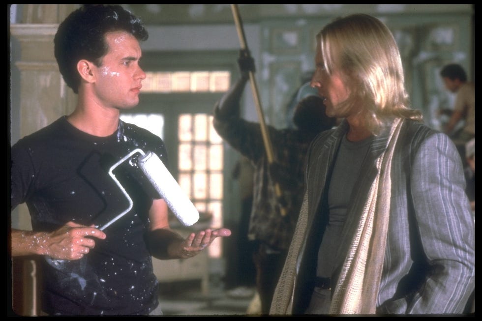 american actor tom hanks and russian american actor and dancer alexander godunov on the set of the money pit, directed by richard benjamin. (photo by sunset boulevard/corbis via getty images)