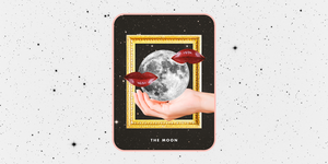 the moon tarot card on a white starry background, the tarot card shows a hand holding up a full moon with two lips over it