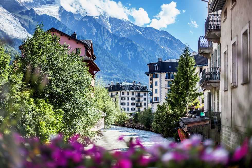 view of chamonix mont blanc village and french alps