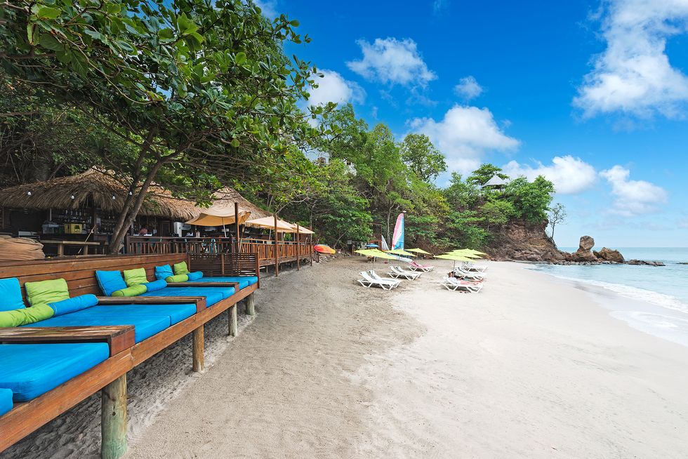 a beach with lounge chairs and umbrellas