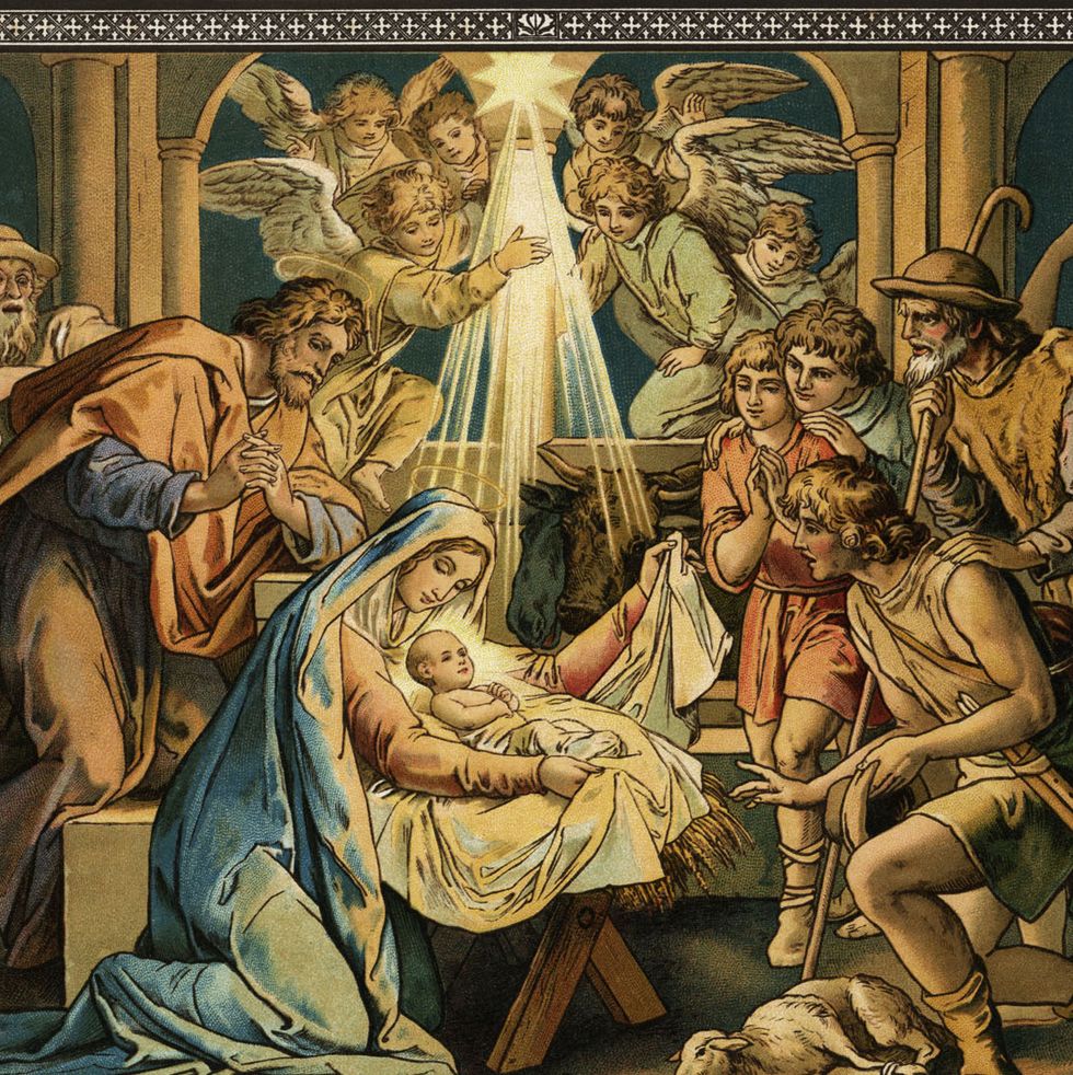 an illustrated nativity scene of angels above the holy family with jesus in a manger