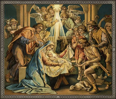 an illustrated nativity scene of angels above the holy family with jesus in a manger