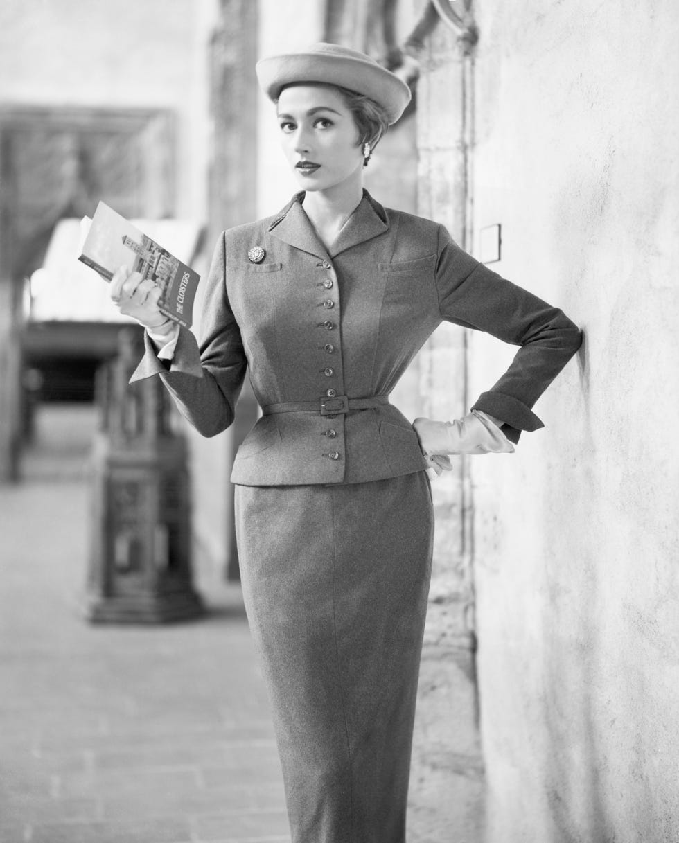 woman modeling chesterfield suit outside