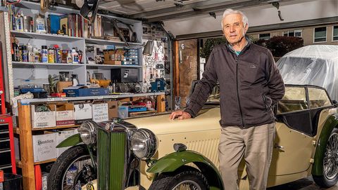 phil linhares with his 1949 mg tc in oakland, calif, on february 2nd, 2021