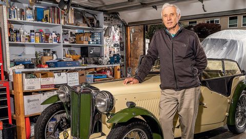 phil linhares with his 1949 mg tc in oakland, calif, on february 2nd, 2021