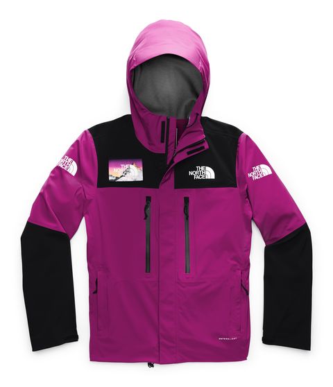 product cut out image of bright fuchsia pink and black waterproof jacket with the white north face logo printed 4 times across the chest and arms