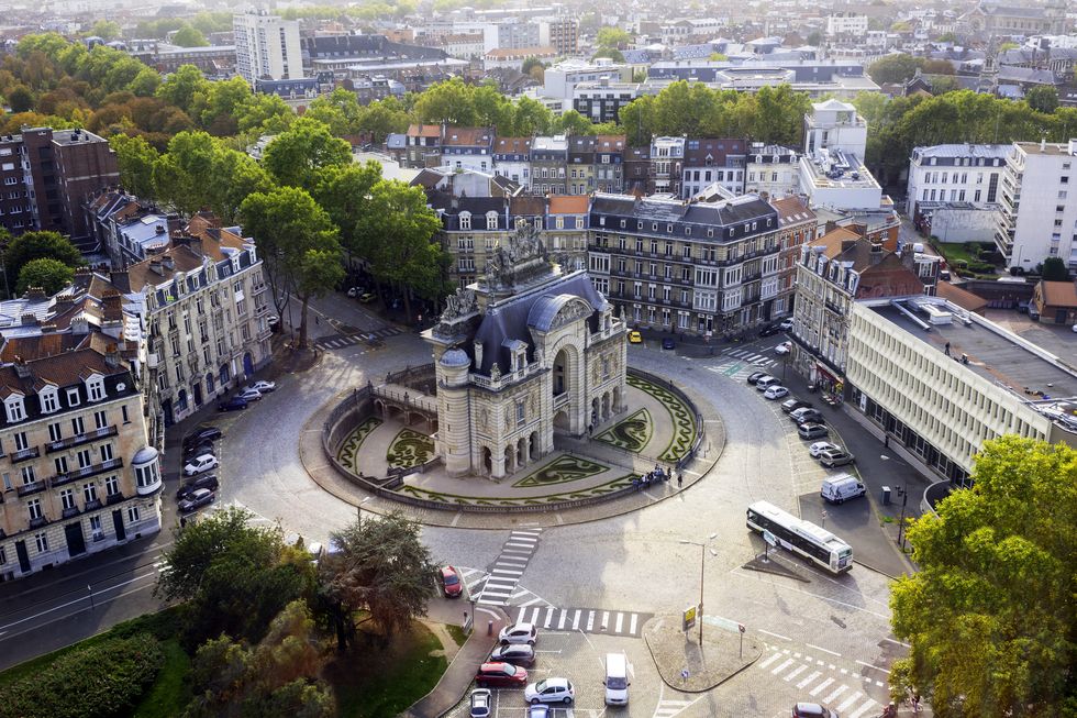 the paris gate monument porte de paris, view from the belfry of lille city hall in october, lille, north of france