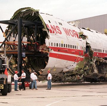 partially reconstructed fuselage of twa flight 800