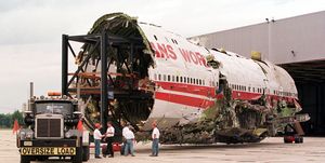 partially reconstructed fuselage of twa flight 800
