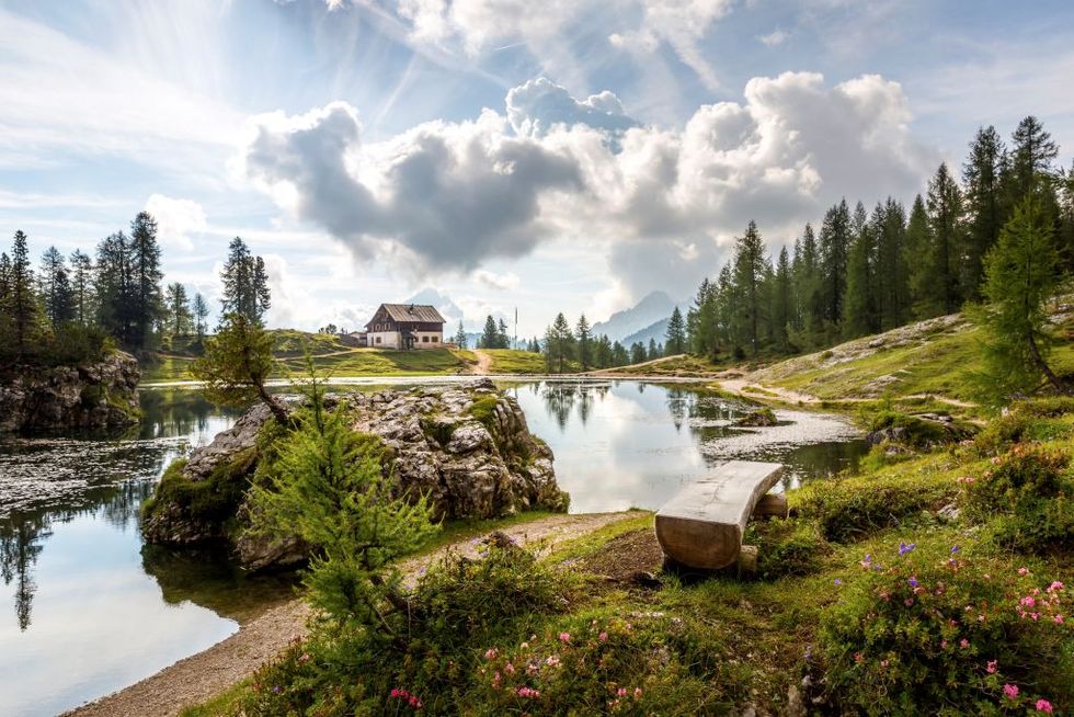 The peaceful Federa Lake with the cozy Croda da Lago refuge. Cortina dAmpezzo. Belluno district. Veneto. Italy. Europe