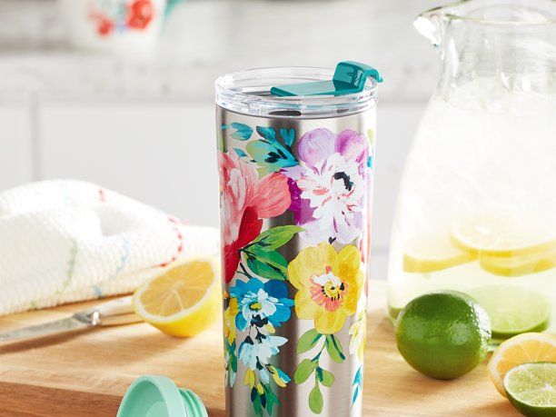 Pioneer Woman Stainless Steel 24 oz. Tumbler with Lid and Straw, Breezy  Floral
