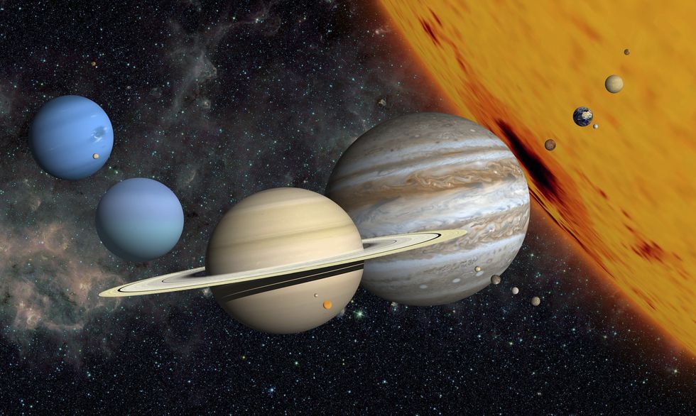 The planets and larger moons to scale with the Sun.