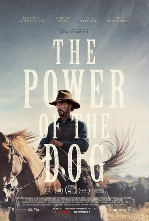 the power of the dog film poster with man riding horse dressed as a cowboy