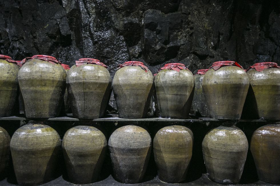 the preserved, stored and aged chinese spirit, alcoholic, liquor, beverages, rice wine in the chinese sealed jars