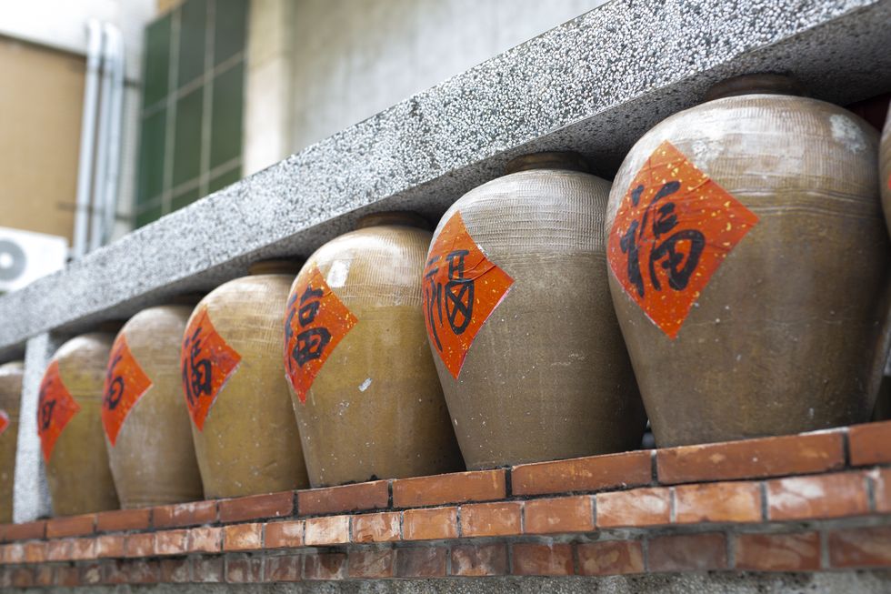 the preserved, stored and aged chinese spirit, alcoholic, liquor, beverages, rice wine in the chinese sealed jars