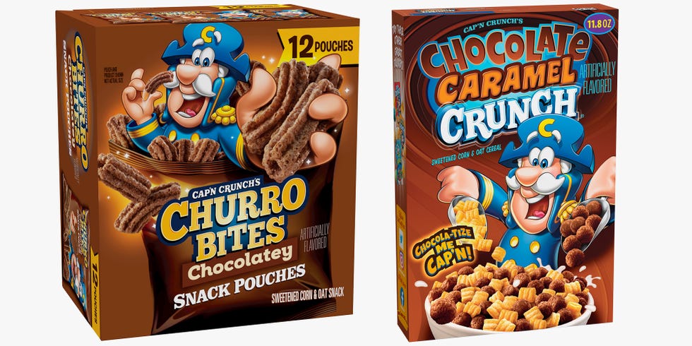 the quaker oats company cap'n crunch chocolatey churro bites and chocolate caramel crunch cereal