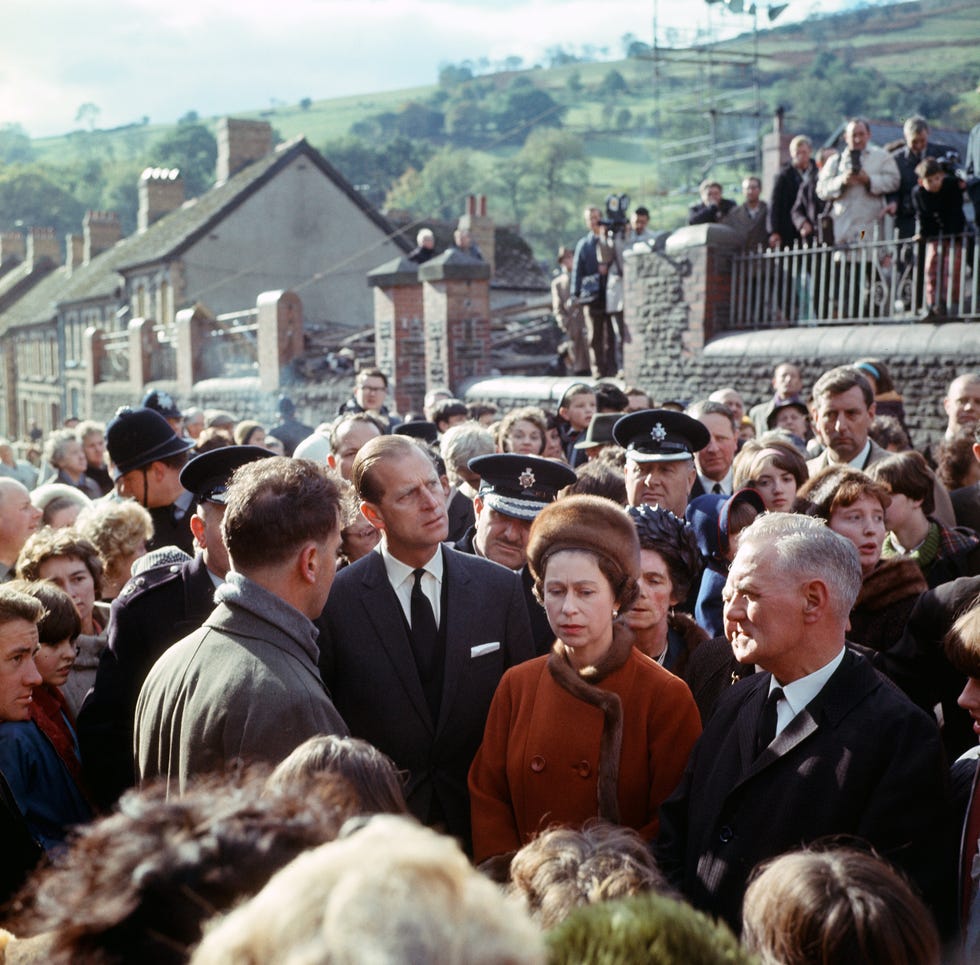 The Queen and Prince Philip visiting Aberfan. 29th October 1966.