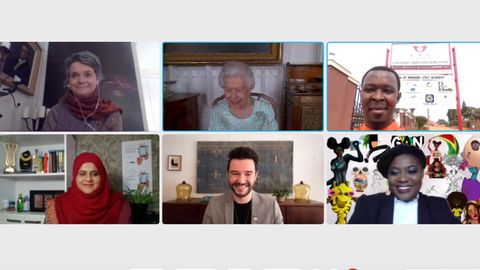 the queen takes part in a video call with leaders helped by the queen's commonwealth trust