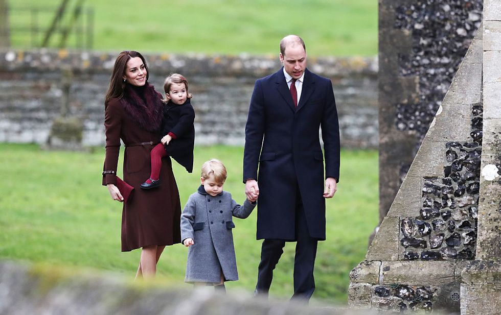 bucklebury, berkshire december 25 catherine, duchess of cambridge and prince william, duke of cambridge, prince george of cambridge and princess charlotte of cambridge arrive to attend the service at st marks church on christmas day on december 25, 2016 in bucklebury, berkshire photo by andrew matthews wpa poolgetty images