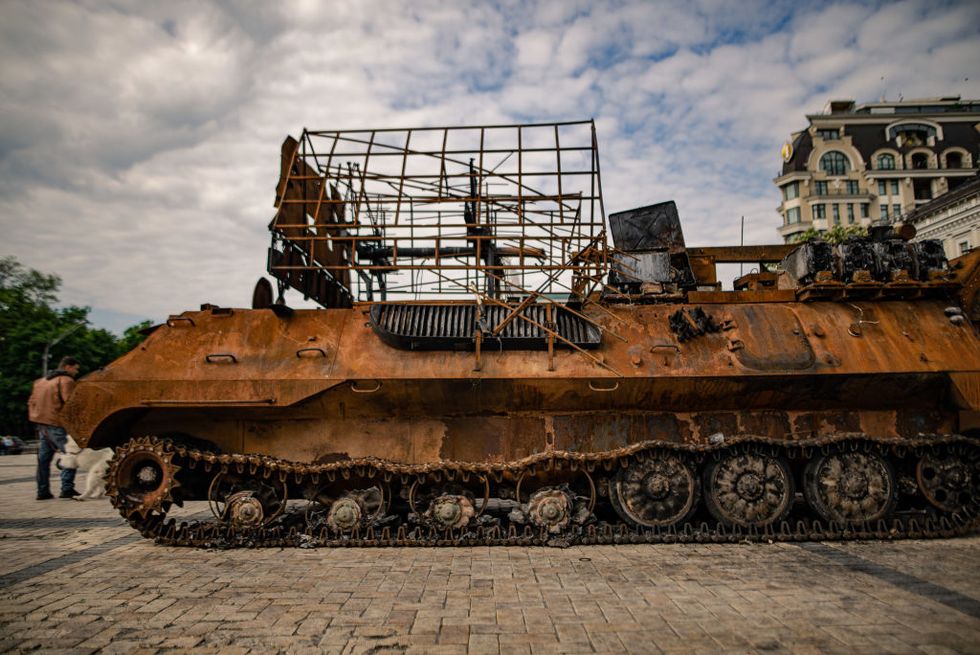 destroyed russian military equipment exhibited in the center of the ukrainian capital