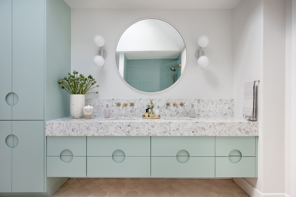 modern bathroom ideas, blue cabinetry and terrazzo counters