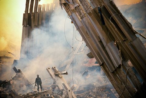 the rubble of the world trade center on september 12, 2001