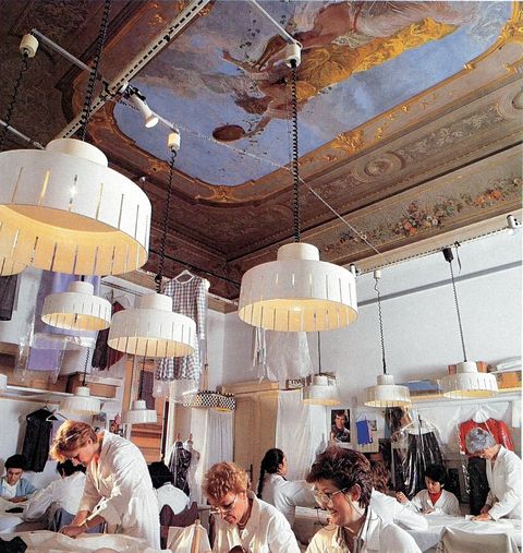 the seamstresses at work in the workshop in palazzo mignanelli, rome, 1987