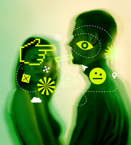 a man and woman facing each other