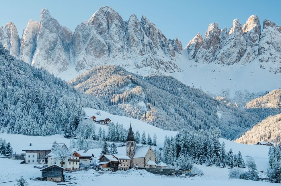 the small village in dolomites mountains in winter