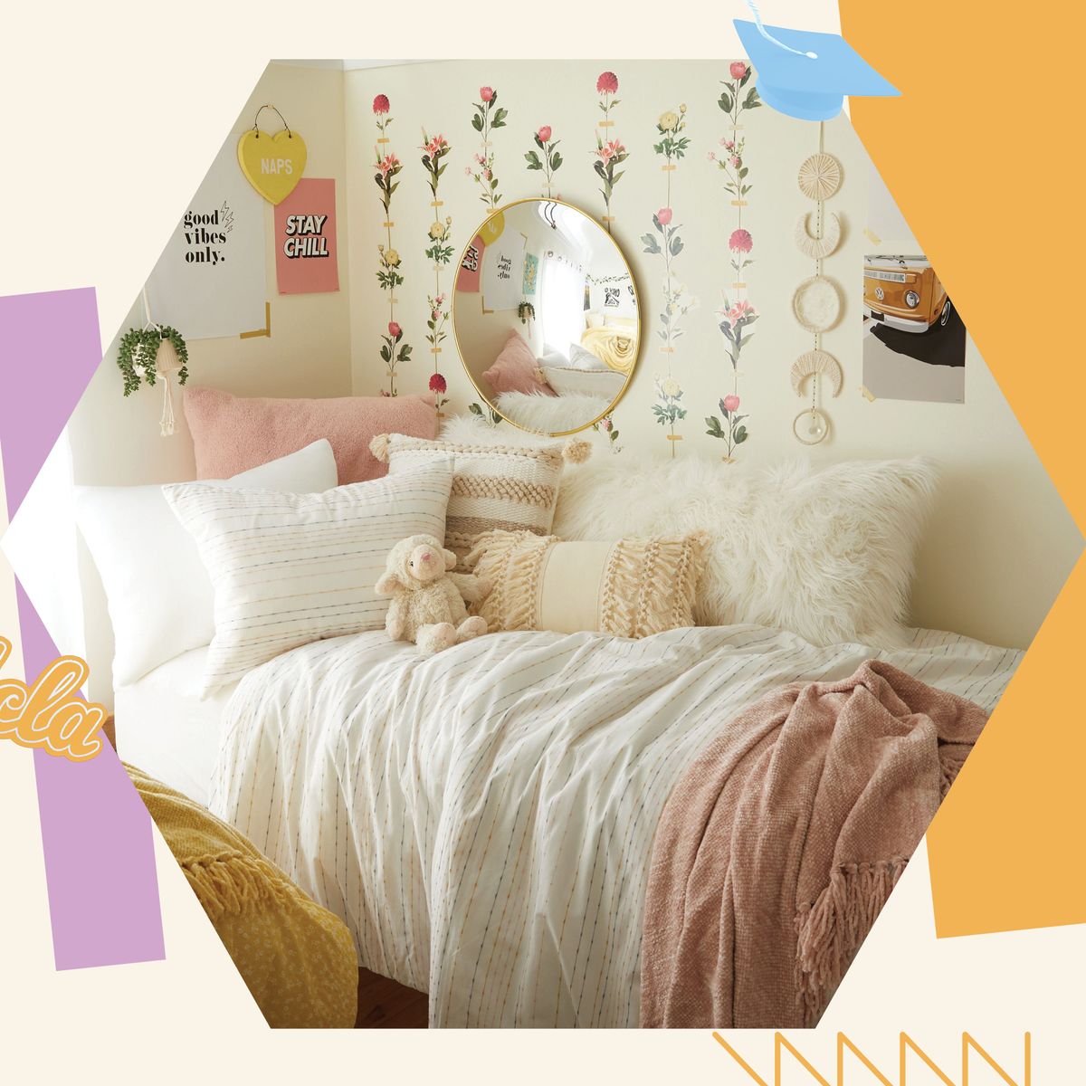 the sorority house room, flower wall, white and pink bed linen