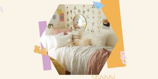 the sorority house room, flower wall, white and pink bed linen