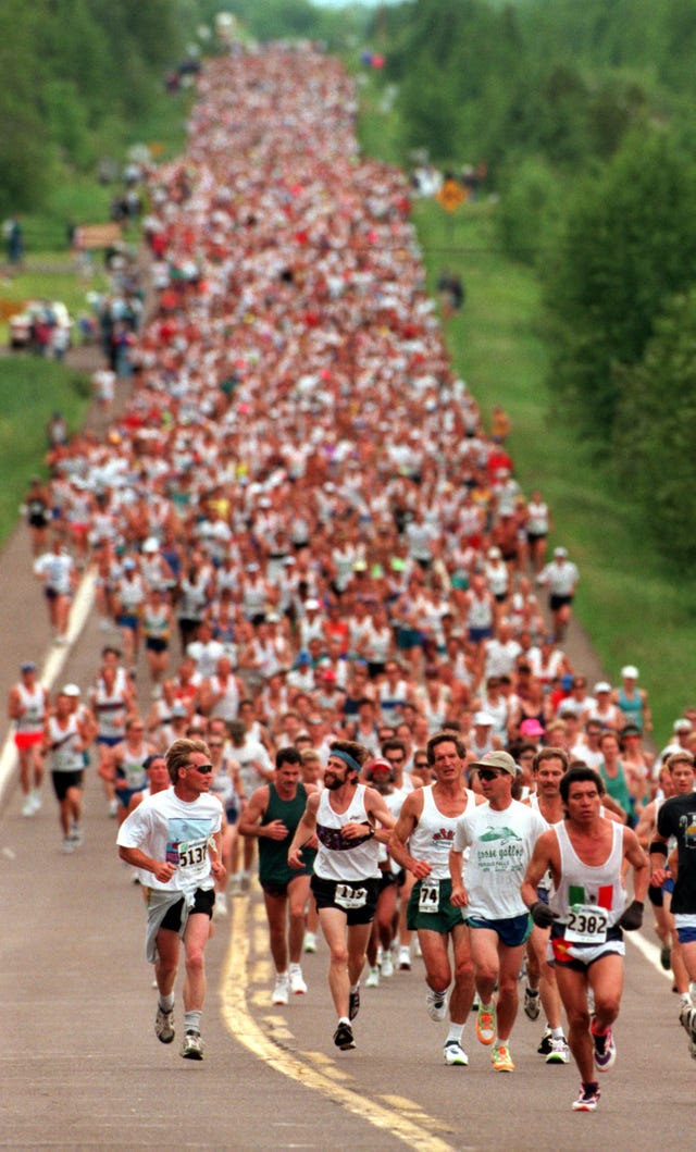 the start of the 1996 grandma's marathon running down the scenic highway from two harbors to duluth more than 7,00o runners competedphoto by marlin levisonstar tribune via getty images