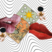 two lips, a tarot card, and figurines are collaged over a background of white and black wavy lines