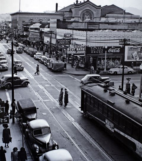 street scene of the fillmore district in the late 1940s