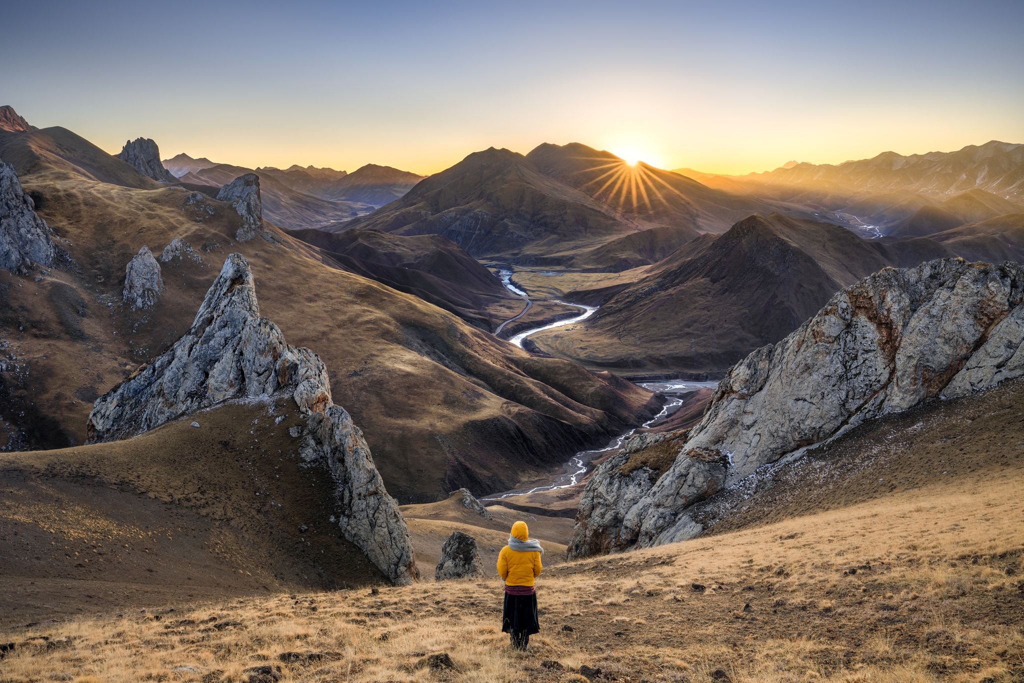 the sunrise in central tibet, special landform and rocky area in high elevation area