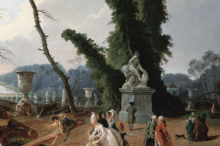 a painting of the tapis vert in the gardens of versailles, in the foreground marie antoinette talks to two children and is surrounded by two women and another child, nearby is king louis xvi talking with a man, around them are stone statues, lumber, and other people, in the background are more trees and a rectangular human made pond