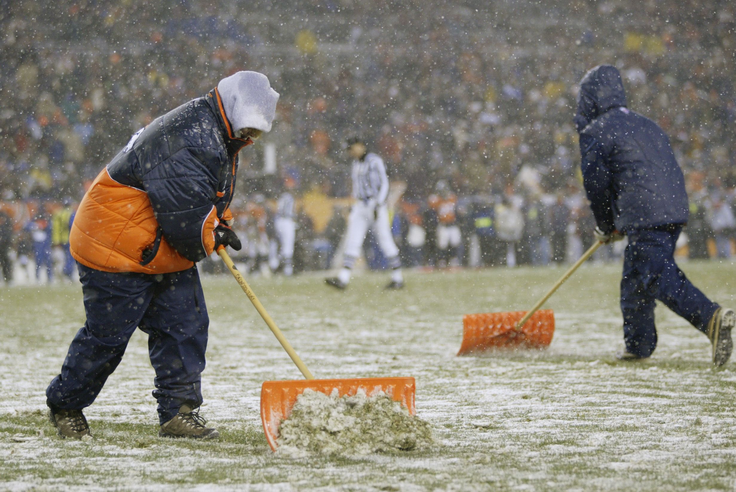 The MetLife Stadium field crew had a busy day shoveling snow at