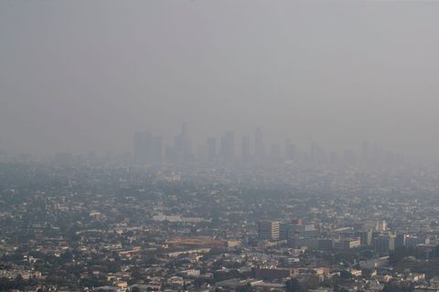 the view of downtown los angeles skyline is obscured by smoke, ash and smog as seen from the griffith observatory monday, sept 14, 2020