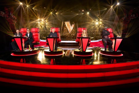 the voice uk coaches danny jones, tom fletcher, sir tom jones, leann rimes and will i am sit in their red chairs on stage