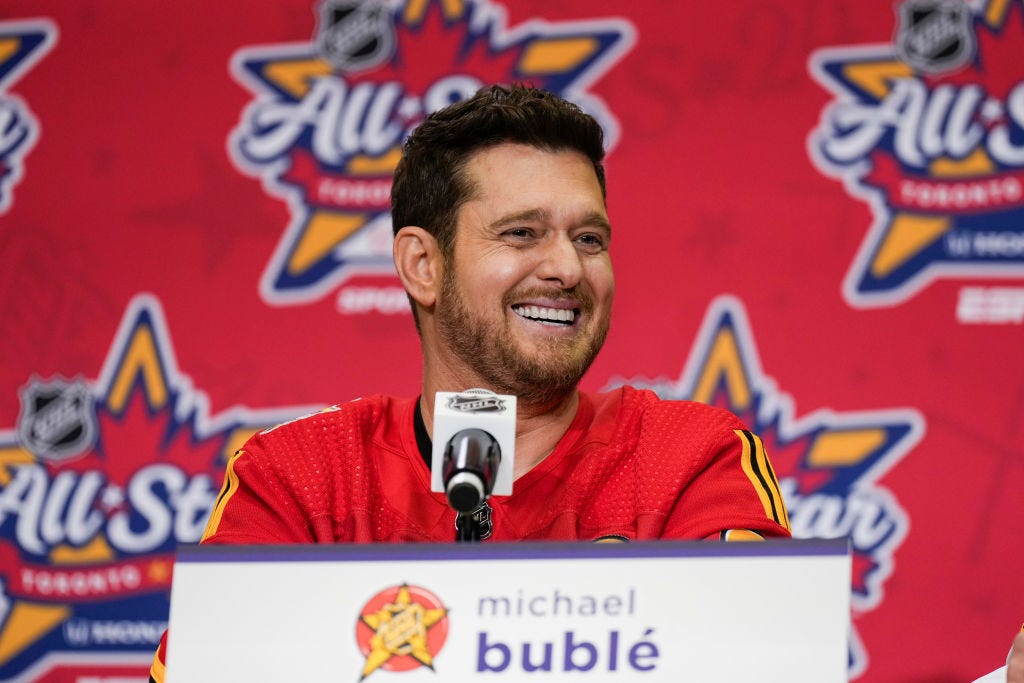 canadian singer michael buble speaks to the media ahead of the tim hortons nhl all star player draft at scotiabank arena on february 01, 2024